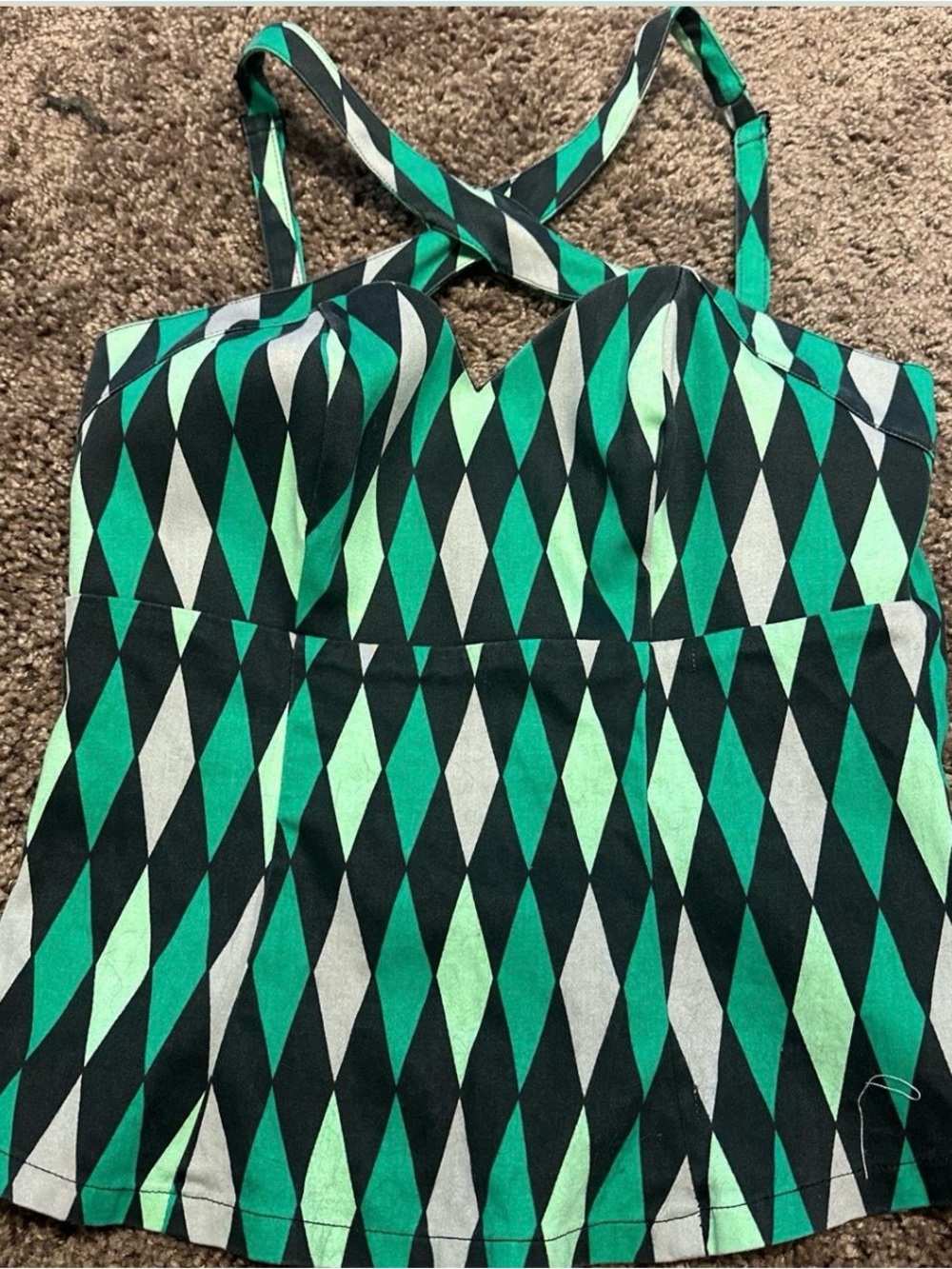 Women's Harlequin Geometric Diamond print Green Black Tank Top sz Medium